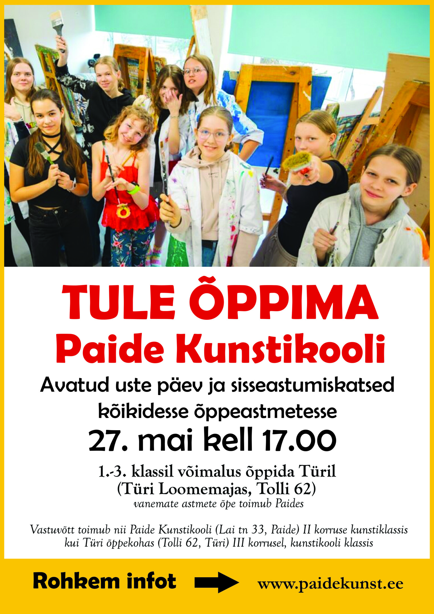 Avatud uste päev ja sisseastumiskatsed Paide Kunstikooli toimuvad kõikidesse õppeastmetesse 27. mail kell 17.00 nii Paides (Lai 33, II korruse kunstiklassis) ku