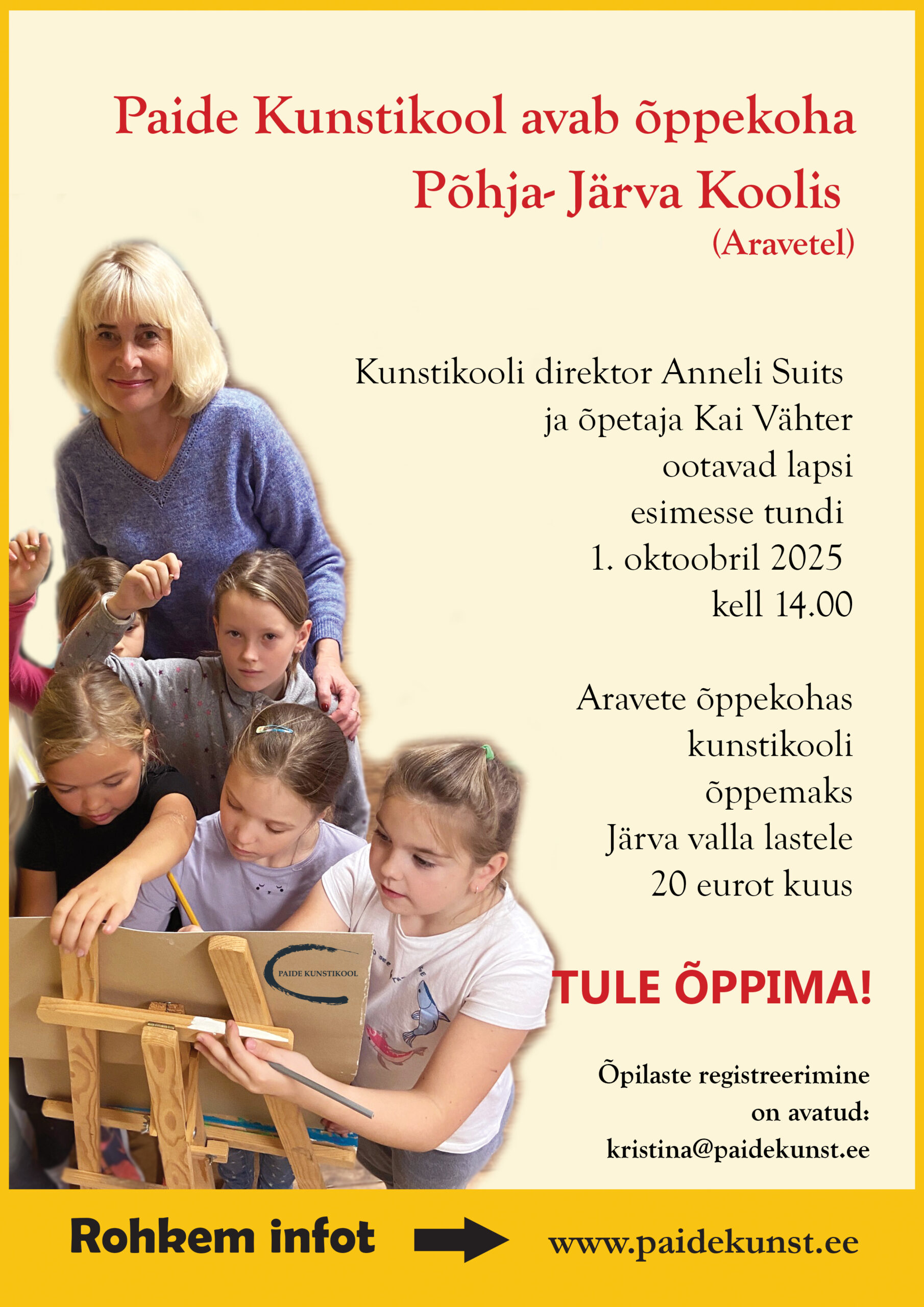 Paide Kunstikool avab alates 1. oktoobrist Põhja-Järva koolis (Aravetel) uue õppekoha. Aravete õppekohta ootame õpilasi alates 7. eluaastast. Vastu võtame kuni 