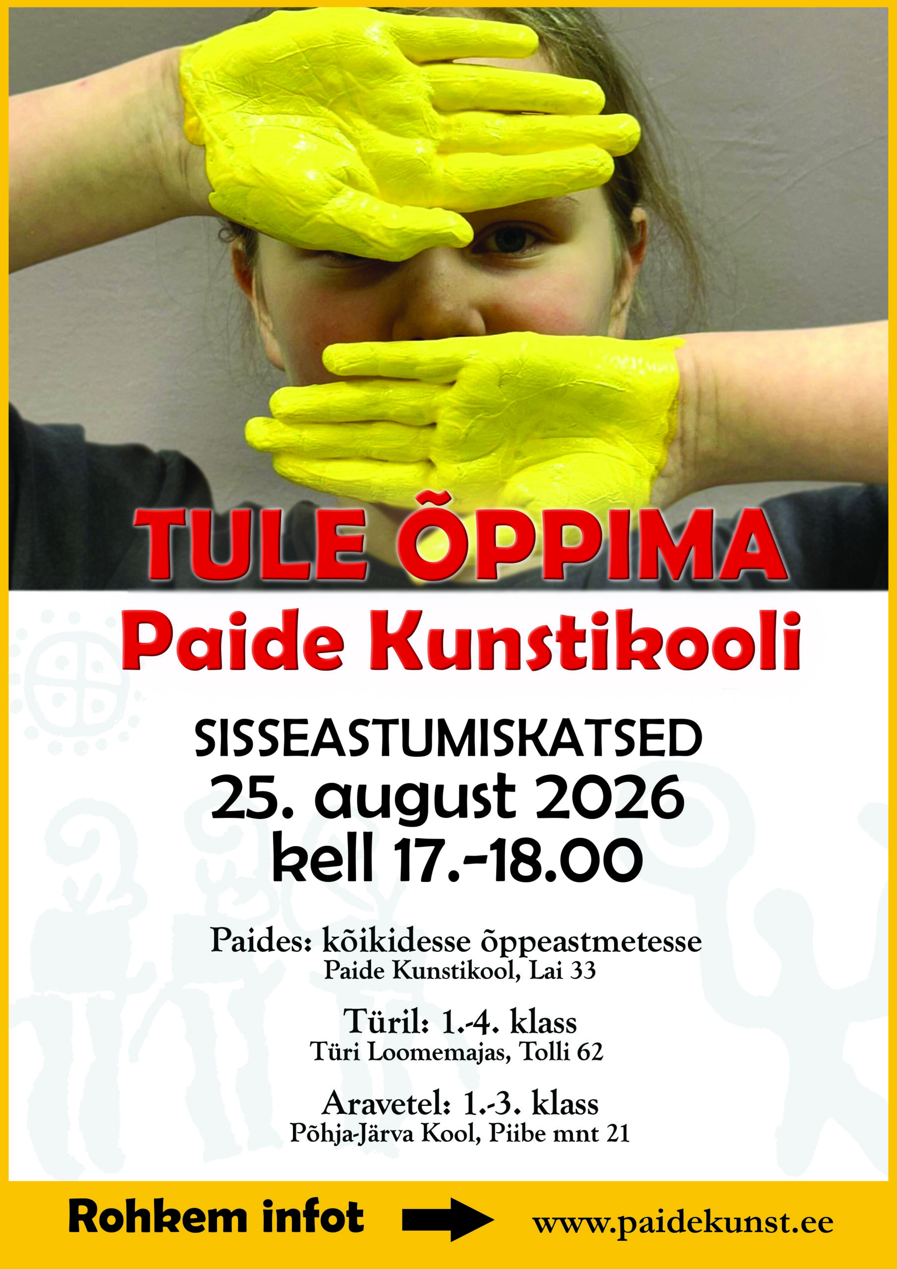 Sisseastumiskatsed Paide Kunstikooli toimuvad kõikidesse õppeastmetesse 25. august kell 17.00-18.00 nii Paides, Türil  kui Aravetel. Kunstikooli saavad tulla la