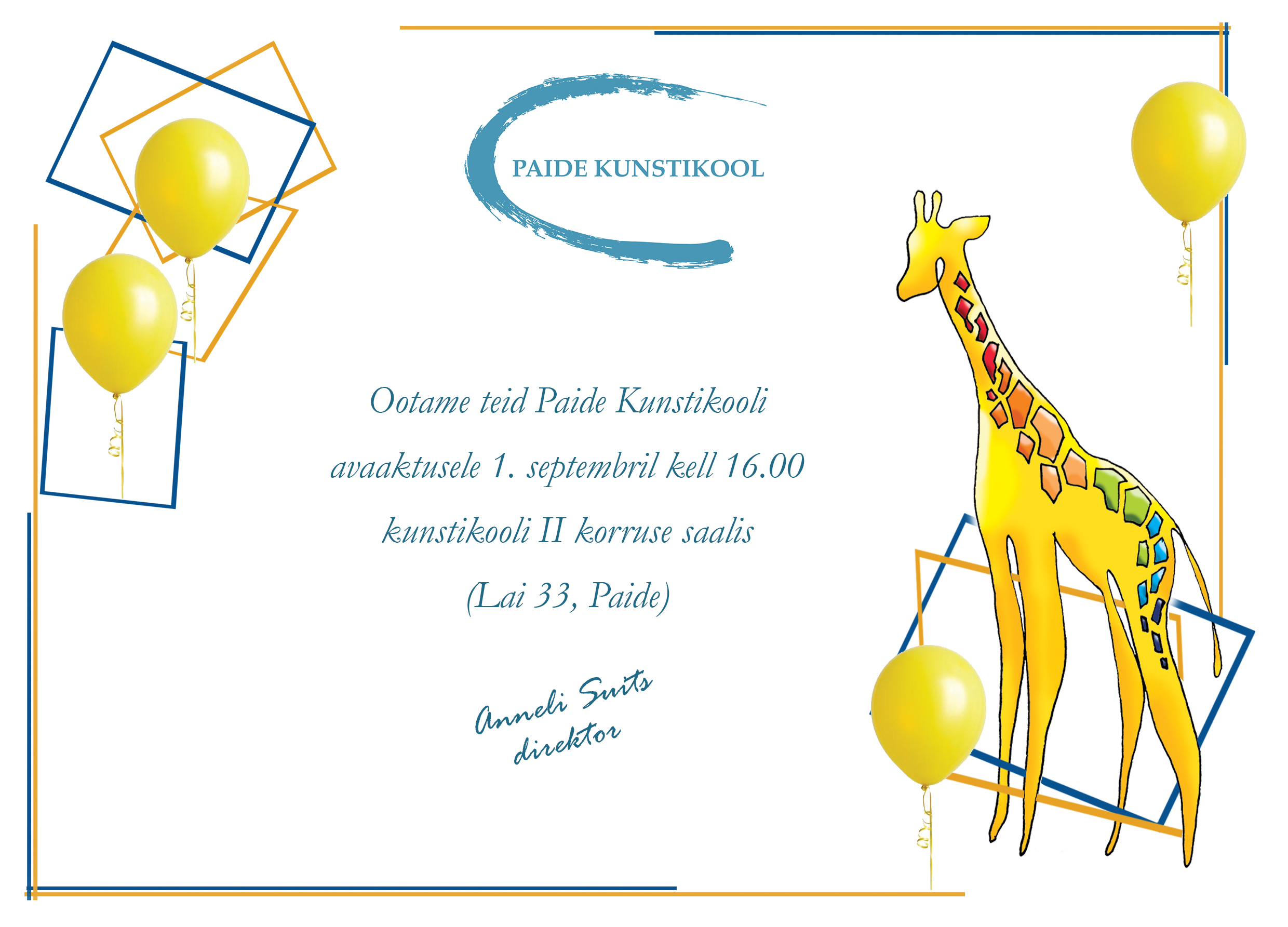 Tere kõigile! Paide Kunstikooli avaaktus toimub 01. septembril kell 16.00 Paide koolimaja (Lai 33, Paide) II korruse saalis. Oodatud on nii Paide, Türi kui Arav