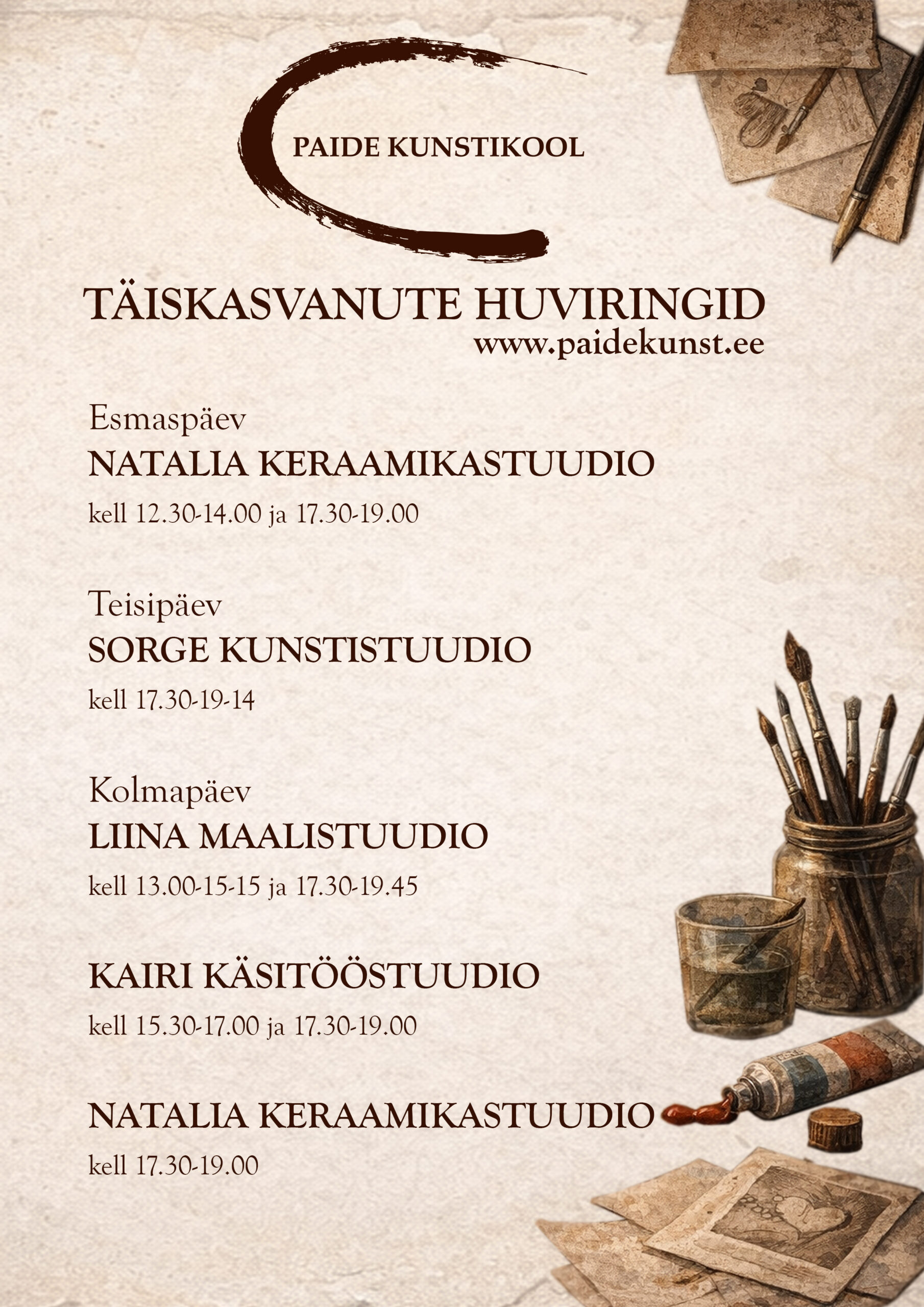 Täiskasvanute huviringid 2026 Näitus Kevad kätes Paide Kunstikool